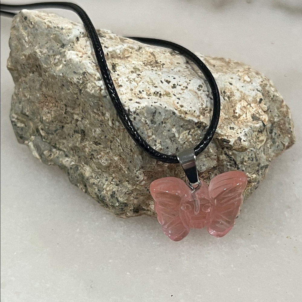 Pink Strawberry Quartz Butterfly Pendant Necklace